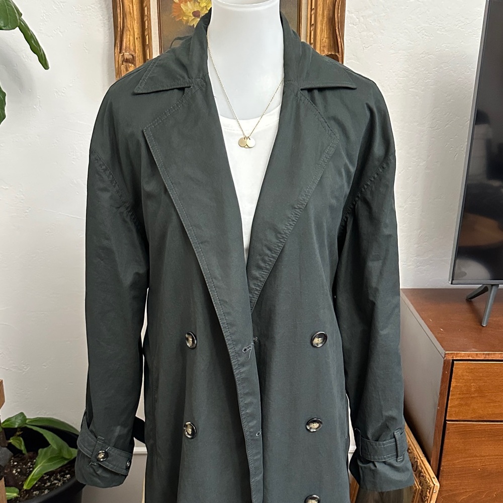 Mango Dark Green Double-Breasted Long Trench Coat